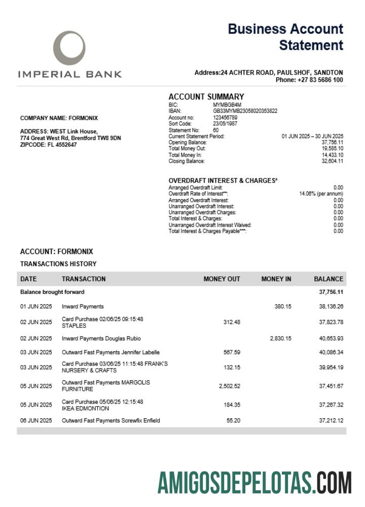 Baixável South African Imperial Bank Firm modelo de extrato de conta Word e PDF